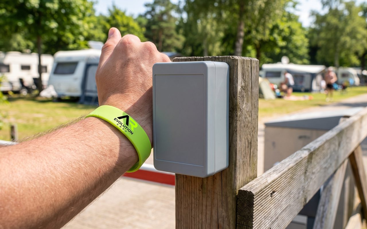 RFID-Armband mit EM4200-Chip an der Schranke eines Campingplatzes