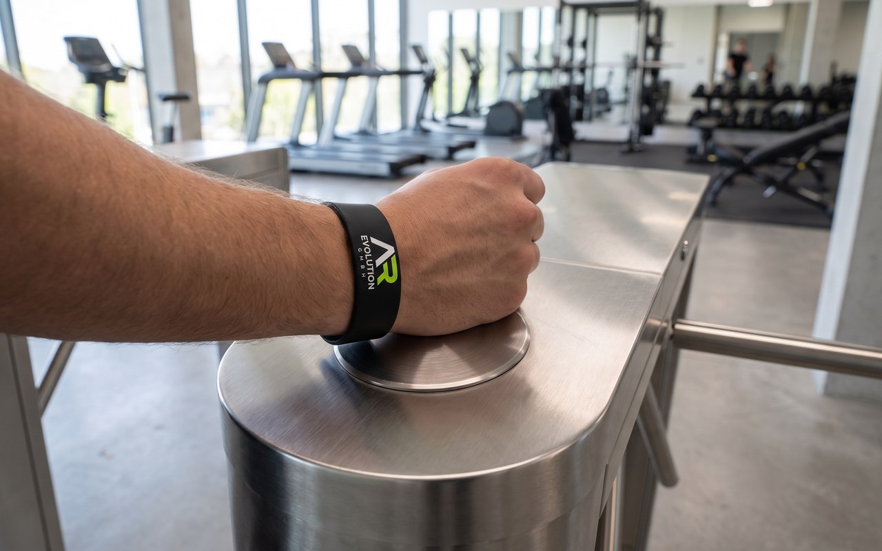 RFID-Armband am Drehkreuz, passend zu einer Gantner-Anlage
